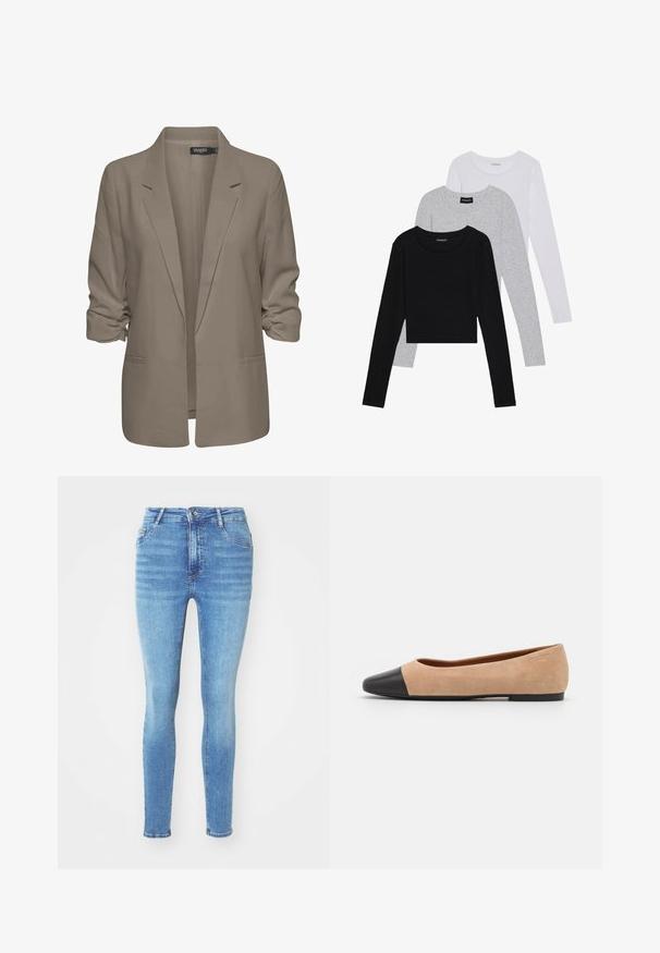 Smėlinis laisvas blazeris, pagamintas iš lygios medžiagos, turi suktus rankovės, dvi šonines kišenes ir įpjautą apykaklę.; Trijų ilgomis rankovėmis marškinėlių krūva: juodas, pilkas ir baltas. Kiekvienas turi apvalų iškirpimą ir trumpą dizainą, pagamintas iš lygaus, lengvo audinio.; Lieknos džinsai šviesiai mėlyno džinsinio audinio, su penkiomis kišenėmis, diržo kilpos ir priekiniais užtrauktuku su mygtuko uždarymu; lygus paviršius ir nublukęs raštas.; Šviesiai rudas zomšiniai baleto bateliai su juodu odiniu suapvalintu pirštu, maža pakulne ir lygia tekstūra, su minimaliai siūlėmis ir tvarkingu dizainu.