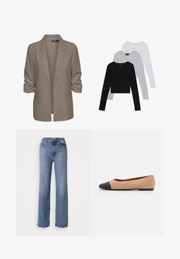 Bež srajcni blazer, ohlapen kroj, izdelan iz gladkega materiala, z zavitimi rokavi, dvema stranskima žepoma in zareznim ovratnikom.; Tri dolga rokava zložena: črna, siva in bela. Vsaka ima okroglo izreznico in skrajšan dizajn z gladkim, lahkotnim materialom.; Svijetloplavi široki traperice s bijelim ukrasima, visoki struk i standardni dizajn s pet džepova.; Bež suedska baletna obutev s črnim usnjenim okroglim delom na prstih, nizko peto in gladko teksturo, ki se ponaša z minimalnimi šivi in čistim dizajnom.