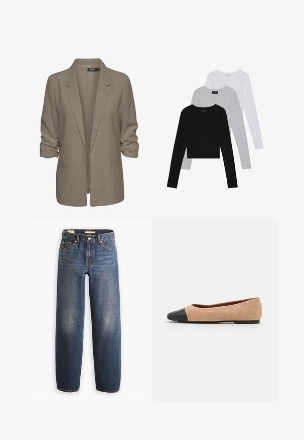 Blazer bej, cu croi lejer, fabrică netedă, are mâneci suflate, două buzunare laterale și un design cu rever zimțat.; Trei bluze cu mânecă lungă așezate: neagră, gri și albă. Fiecare are un guler rotund și un design scurt, realizat dintr-un material fin și ușor.; Blugi din denim albastru închis cu croială cu picioare drepte, având cinci buzunare, nituri de cupru și o estompare subtilă pe coapse.; Baletă din suede bej cu vârf rotund din piele neagră, toc jos și textură netedă, având cusături minime și un design curat.