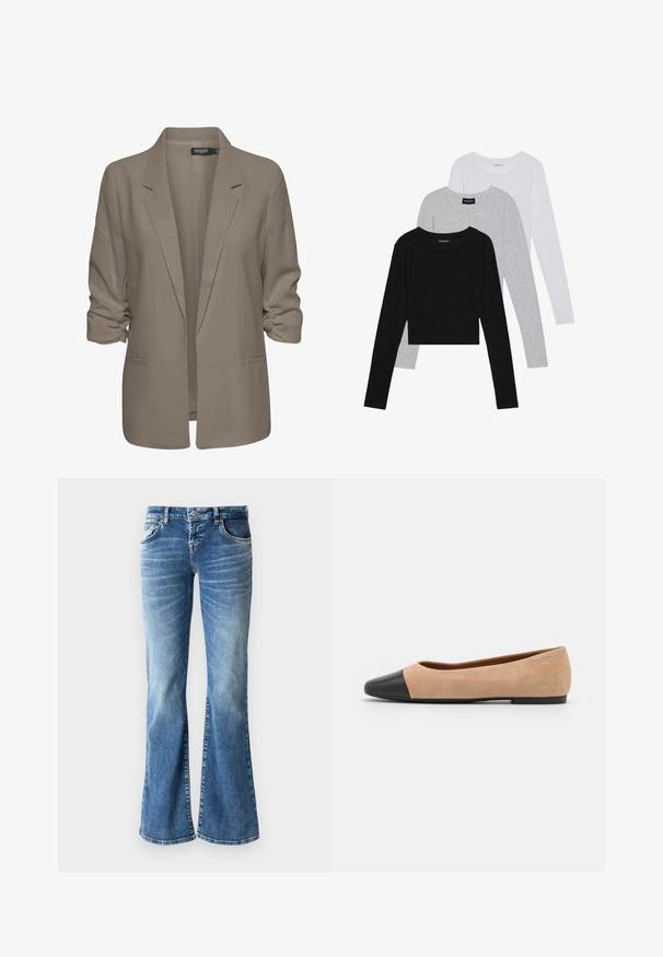 Beige loose-fitting blazer, made of smooth fabric, features rolled sleeves, two side pockets, and a notched lapel design.; Three long-sleeve tops stacked: black, grey, and white. Each has a round neckline and a cropped design with smooth, lightweight fabric.; Light blue denim flared jeans with a faded wash, five pockets, stitched detailing, and a zip fly with a button closure.; Beige suede ballet flat with a black leather rounded toe cap, low heel, and smooth texture, featuring minimal stitching and a clean design.