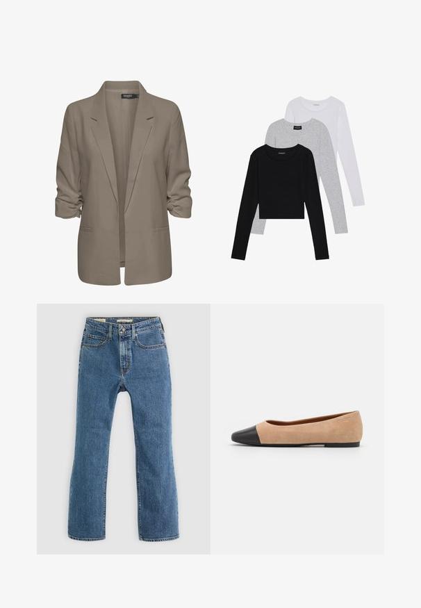 Smėlinis laisvas blazeris, pagamintas iš lygios medžiagos, turi suktus rankovės, dvi šonines kišenes ir įpjautą apykaklę.; Trijų ilgomis rankovėmis marškinėlių krūva: juodas, pilkas ir baltas. Kiekvienas turi apvalų iškirpimą ir trumpą dizainą, pagamintas iš lygaus, lengvo audinio.; Mėlyni džinsai su tiesiomis kojomis. Yra penki kišeniai, standartinė sagų ir užtrauktuko uždarymo sistema, taip pat aiškiai matomi siūlai.; Šviesiai rudas zomšiniai baleto bateliai su juodu odiniu suapvalintu pirštu, maža pakulne ir lygia tekstūra, su minimaliai siūlėmis ir tvarkingu dizainu.