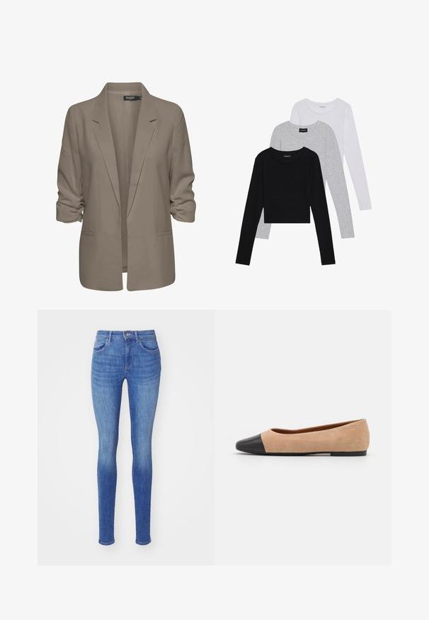 Bežs brīvā piegriezuma žakete, izgatavota no gludas auduma, ar sarullētām piedurknēm, divām sānu kabatām un ar iedziļinātu apkakles dizainu.; Trīs garām piedurknēm veidotas augšdaļas, sakrautās: melna, pelēka un balta. Katram ir noapaļots kakla izgriezums un īsa dizaina forma ar gludu, vieglu audumu.; Bikses ar šauru piegriezumu vidēji zilā džinsā, ar augstu jostasvietu, piecu kabatu dizainu un vieglu nolietojumu ap augšstilbiem, lai radītu izmantota izskatu.; Beigā zamšādas balerīnas ar melnu ādas noapaļotu purngalu, zemu papēdi un gludu tekstūru, ar minimālu dūrienu un tīru dizainu.