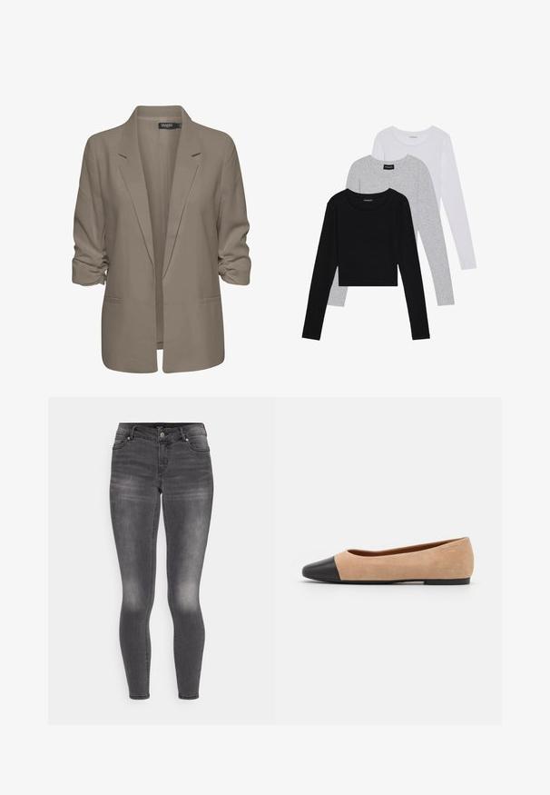 Beige lõdvalt istuv bleiser, valmistatud siledast kangast, millel on üleskeeratud varrukad, kaks küljetaskut ja lõikega krae.; Kolm pikkade varrukatega toppi, mis on üksteise peale asetatud: must, hall ja valge. Igal ühel on ümar kaelus ja lühike disain, valmistatud siledast, kergekaalulisest kangast.; Hall päevitavad hallid kitsad teksad, mis on valmistatud denimist ja millel on tuhm viimistlus. Teksadel on eesne paigaldatav tõmblukk ja nupuvajutus, viis taskut ning sobiv siluett.; Beežist nubukist balletkingad musta nahast ümara ninaotsaga, madala kanna ja siledaga, millel on minimaalne õmblus ja lihtne disain.