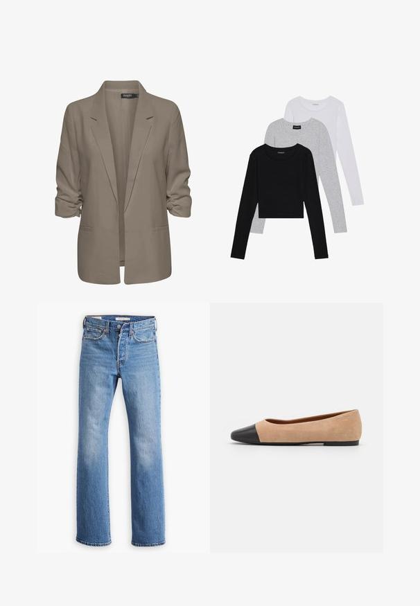 Beige löysä istuva bleiseri, joka on valmistettu sileästä kankaasta, sisältää käännetyt hihansuut, kaksi sivutaskua ja viiltoverhoillun kauluksen muotoilun.; Kolme pitkähihasta paita päällekkäin: musta, harmaa ja valkoinen. Jokaisessa on pyöreä pääntie ja lyhennetty muotoilu, jossa on sileä ja kevyt kangas.; Siniset farkut suoran lahdesignillä, joissa on korkea vyötärö, klassinen viisi taskua -tyyli ja selkeä haalistuma reisissä.; Beige mokkasiner i semsket skinn med svart lær ved tuppen, lav hæl og glatt tekstur, med minimal søm og et rent design.