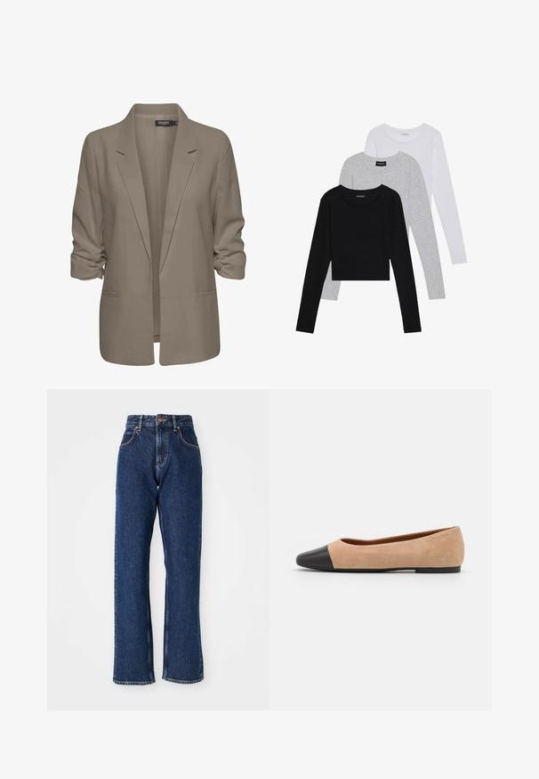 Beżowa, luźno dopasowana marynarka, wykonana z gładkiego materiału, z podwiniętymi rękawami, dwoma bocznymi kieszeniami i klapami w stylu notch.; Trzy bluzki z długim rękawem ułożone jedna na drugiej: czarna, szara i biała. Każda z okrągłym dekoltem i skróconym fasonem, wykonana z gładkiego, lekkiego materiału.; Ciemnoniebieskie dżinsy o wysokim stanie, proste nogawki, z guzikiem z przodu, zamkiem błyskawicznym oraz widocznymi szwami na kieszeniach i szwach.; Beżowe zamszowe baleriny z czarnym skórzanym okrągłym noskiem, niskim obcasem i gładką teksturą, charakteryzujące się minimalnym przeszyciem i prostym designem.