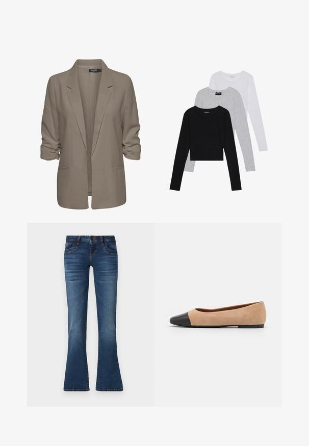 Beige volný blejzr, vyrobený z hladké tkaniny, má ohrnuté rukávy, dvě boční kapsy a klopový design.; Tři trička s dlouhým rukávem naskládaná na sobě: černé, šedé a bílé. Každé má kulatý výstřih a kratší střih z hladkého, lehkého materiálu.; Modré džíny z denimu s mírně rozšířenými nohavicemi, předním zapínáním na knoflík, kapsami a jemným obnošením na stehnech a kolenou.; Béžové semišové baleríny s černou koženou kulatou špičkou, nízkým podpatkem a hladkým povrchem, s minimálním prošíváním a čistým designem.