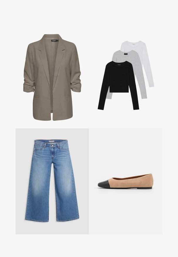 Smėlinis laisvas blazeris, pagamintas iš lygios medžiagos, turi suktus rankovės, dvi šonines kišenes ir įpjautą apykaklę.; Trijų ilgomis rankovėmis marškinėlių krūva: juodas, pilkas ir baltas. Kiekvienas turi apvalų iškirpimą ir trumpą dizainą, pagamintas iš lygaus, lengvo audinio.; Šviesiai mėlynos plačios kojos džinsai, pagaminti iš džinsinio audinio, su aukštu liemeniu, klasikinė penkių kišenių konstrukcija ir subtiliu išblukimu kojų kraštuose.; Šviesiai rudas zomšiniai baleto bateliai su juodu odiniu suapvalintu pirštu, maža pakulne ir lygia tekstūra, su minimaliai siūlėmis ir tvarkingu dizainu.
