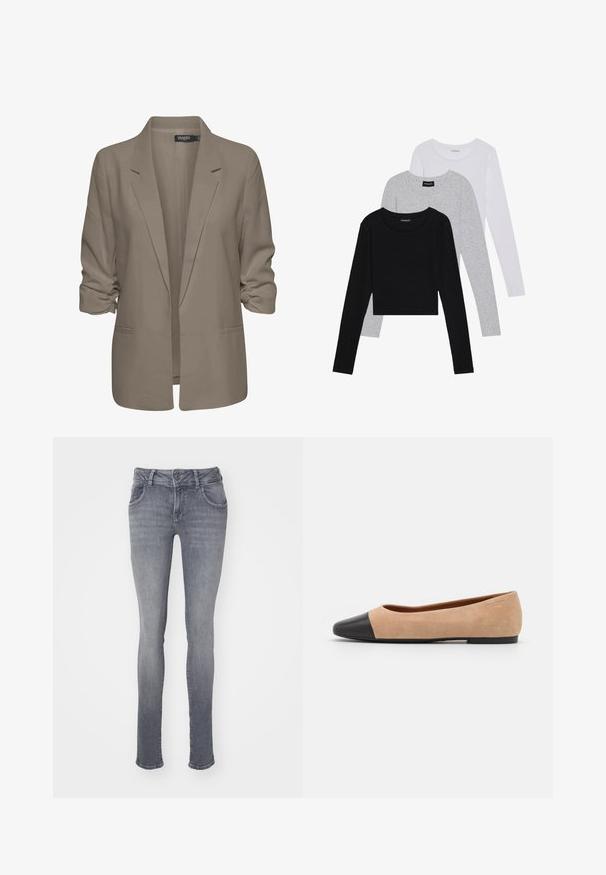 Beige lös passande blazer, tillverkad av mjukt tyg, har uppvikt ärmar, två sidofickor och en notch-lapel-design.; Tre långärmade tröjor staplade: svart, grå och vit. Var och en har en rund halsringning och en kort design med mjukt, lätt material.; Grå denimjeans med slim fit, femfickorsdesign och knäppning. Har subtila blekningar och en klassisk rak benform.; Beige mockasins med rund svart lädertå, låg klack och mjuk yta, med minimal sömnad och en ren design.