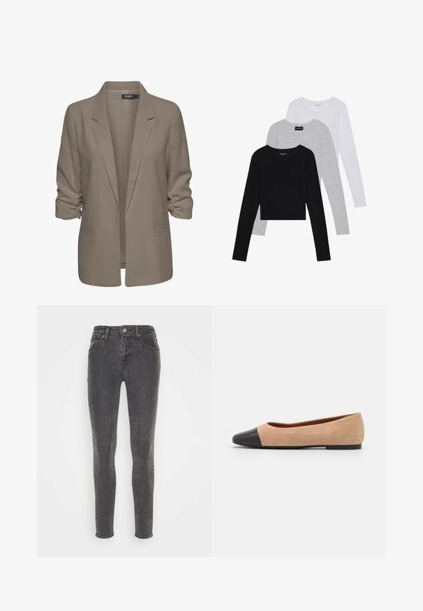 Bež srajcni blazer, ohlapen kroj, izdelan iz gladkega materiala, z zavitimi rokavi, dvema stranskima žepoma in zareznim ovratnikom.; Tri dolga rokava zložena: črna, siva in bela. Vsaka ima okroglo izreznico in skrajšan dizajn z gladkim, lahkotnim materialom.; Slim jeans iz temno sivo denima, s klasičnim petim žepom, pasom in z gumbom. Gladka tekstura z rahlim zbledelostjo.; Bež suedska baletna obutev s črnim usnjenim okroglim delom na prstih, nizko peto in gladko teksturo, ki se ponaša z minimalnimi šivi in čistim dizajnom.