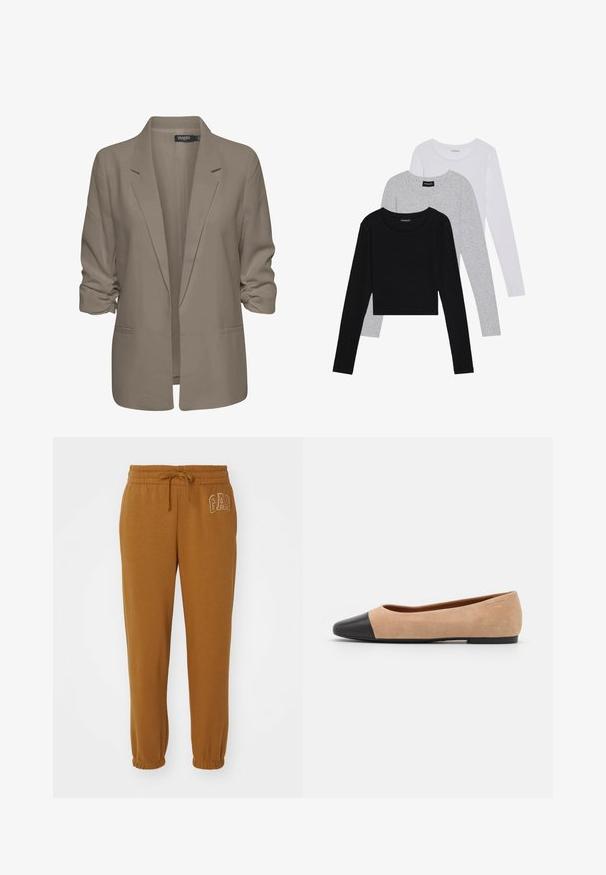 Smėlinis laisvas blazeris, pagamintas iš lygios medžiagos, turi suktus rankovės, dvi šonines kišenes ir įpjautą apykaklę.; Trijų ilgomis rankovėmis marškinėlių krūva: juodas, pilkas ir baltas. Kiekvienas turi apvalų iškirpimą ir trumpą dizainą, pagamintas iš lygaus, lengvo audinio.; GAP HERITAGE JOGGER - Treningo apatinė dalis - palomino brown global; Šviesiai rudas zomšiniai baleto bateliai su juodu odiniu suapvalintu pirštu, maža pakulne ir lygia tekstūra, su minimaliai siūlėmis ir tvarkingu dizainu.