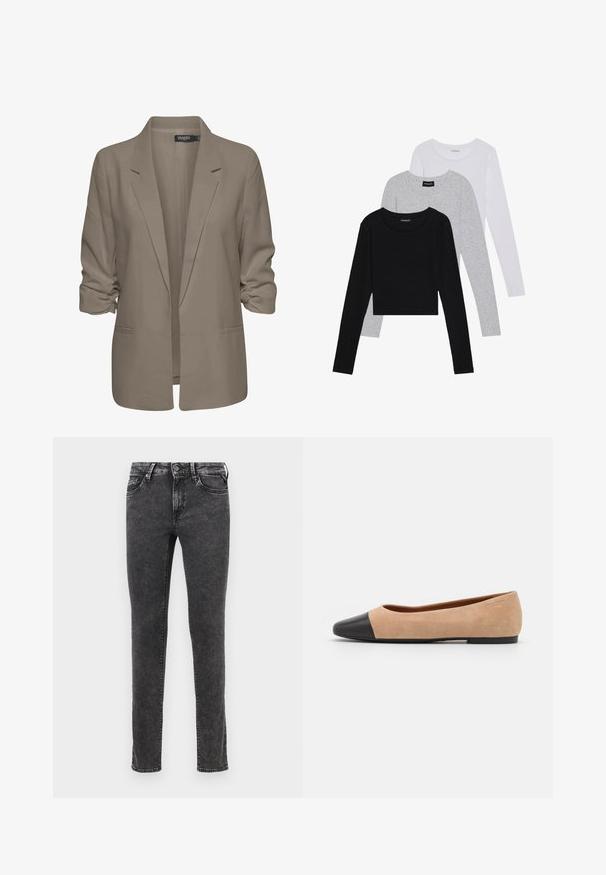 Beige lõdvalt istuv bleiser, valmistatud siledast kangast, millel on üleskeeratud varrukad, kaks küljetaskut ja lõikega krae.; Kolm pikkade varrukatega toppi, mis on üksteise peale asetatud: must, hall ja valge. Igal ühel on ümar kaelus ja lühike disain, valmistatud siledast, kergekaalulisest kangast.; Mustadest denimist valmistatud teksad, mis on kitsas sobivus, viie taskuga disain ja metallist nupuga kinnitamine. Omab kulunutud tekstuuri ja peent pleekimist.; Beežist nubukist balletkingad musta nahast ümara ninaotsaga, madala kanna ja siledaga, millel on minimaalne õmblus ja lihtne disain.