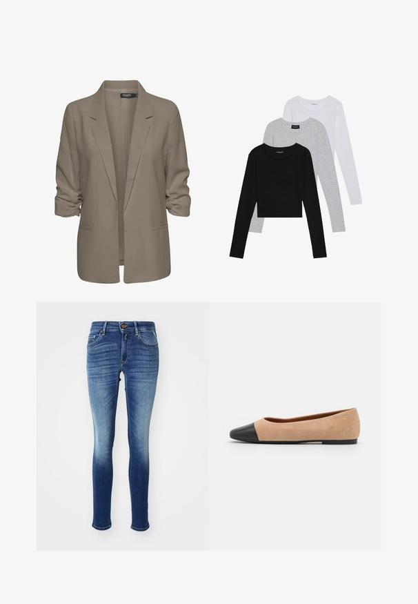 Blazer beige de corte holgado, hecho de tela suave, presenta mangas enrolladas, dos bolsillos laterales y un diseño de solapa muesca.; Tres camisetas de manga larga apiladas: negra, gris y blanca. Cada una tiene un escote redondo y un diseño recortado con una tela suave y ligera.; Jeans ajustados en un denim azul en degradado, con cinco bolsillos, cierre de botón y un ligero desgaste hacia los tobillos. Diseño clásico.; Bailarina de ante beige con una puntera redondeada de cuero negro, tacón bajo y textura suave, que presenta costuras mínimas y un diseño limpio.