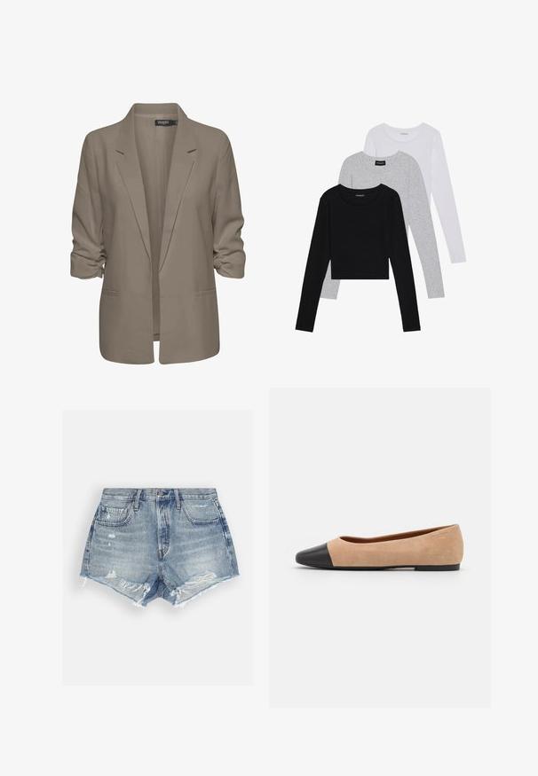 Blazer beige ample, fabriqué en tissu lisse, présente des manches retroussées, deux poches latérales et un design à revers.; Trois hauts à manches longues empilés : noir, gris et blanc. Chacun a un col rond et un design court avec un tissu lisse et léger.; Shorts en denim bleu clair avec une finition détruite. Présentent des ourlets effilochés et deux poches avant. Fermeture par bouton à la taille.; Ballet flat en suédine beige avec un embout rond en cuir noir, petit talon et texture lisse, présentant des coutures minimales et un design épuré.