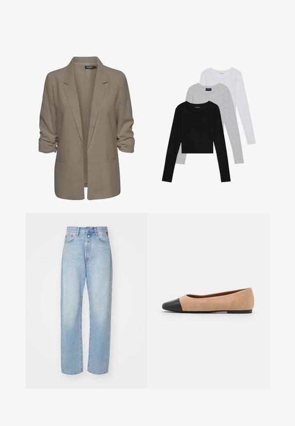 Bež srajcni blazer, ohlapen kroj, izdelan iz gladkega materiala, z zavitimi rokavi, dvema stranskima žepoma in zareznim ovratnikom.; Tri dolga rokava zložena: črna, siva in bela. Vsaka ima okroglo izreznico in skrajšan dizajn z gladkim, lahkotnim materialom.; Svijetlo plave traperice ravnog kroja, izrađene od denima, s visokim strukom, pet džepnim dizajnom i zatvaranjem na dugme.; Bež suedska baletna obutev s črnim usnjenim okroglim delom na prstih, nizko peto in gladko teksturo, ki se ponaša z minimalnimi šivi in čistim dizajnom.