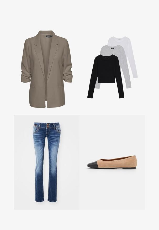 Bézs színű, laza szabású blézer, sima anyagból készült, felgÖngyölt ujjakkal, két oldalsó zsebbel és cakkos rever kialakítással.; Három hosszú ujjú póló egymásra rakva: fekete, szürke és fehér. Mindegyiknek kerek nyaka van, és rövidített fazonnal rendelkezik, sima, könnyű anyagból készült.; Denim farmer nadrág világos és sötétkék gradiensben, klasszikus ötpocket dizájnnal, fémgombos részletekkel és egyenes szabással.; Beige velúr balettcipő fekete bőr kerek orral, alacsony sarokkal és sima textúrával, minimális varrással és letisztult dizájnnal.