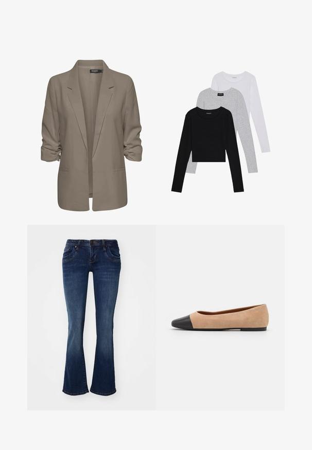 Beige loose-fitting blazer, made of smooth fabric, features rolled sleeves, two side pockets, and a notched lapel design.; Three long-sleeve tops stacked: black, grey, and white. Each has a round neckline and a cropped design with smooth, lightweight fabric.; Dark blue denim flared jeans with a mid-rise waist, five pockets, and subtle stitching details at the seams and pocket edges.; Beige suede ballet flat with a black leather rounded toe cap, low heel, and smooth texture, featuring minimal stitching and a clean design.