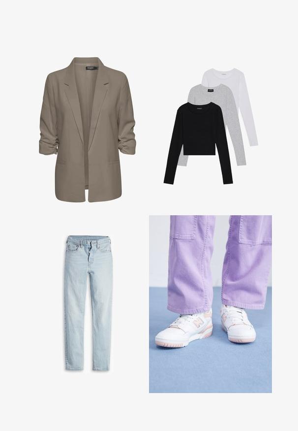 Beige lõdvalt istuv bleiser, valmistatud siledast kangast, millel on üleskeeratud varrukad, kaks küljetaskut ja lõikega krae.; Kolm pikkade varrukatega toppi, mis on üksteise peale asetatud: must, hall ja valge. Igal ühel on ümar kaelus ja lühike disain, valmistatud siledast, kergekaalulisest kangast.; Heledad sinine denimist teksad kõrge taljega, viie tasku disainiga, nööbiga front, ja sirge säärega. Omab peent fadingut ja tekstureeritud viimistlust.; Valged sneakerid roosa aktsentidega, tekstureeritud nahast ülemine osa ja kummist põhi, millele on ühendatud heledat lillat värvi laiad püksid sinisel pinnal.