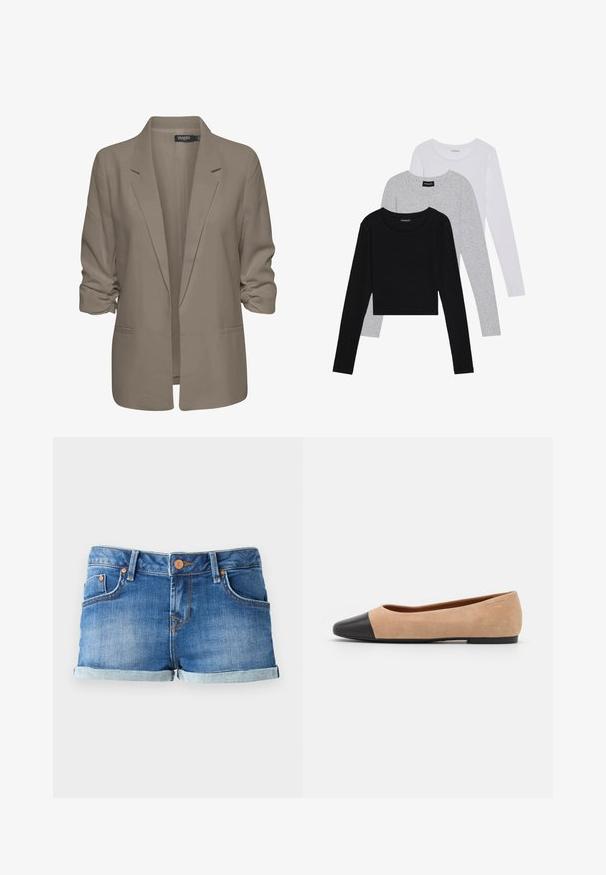 Bežs brīvā piegriezuma žakete, izgatavota no gludas auduma, ar sarullētām piedurknēm, divām sānu kabatām un ar iedziļinātu apkakles dizainu.; Trīs garām piedurknēm veidotas augšdaļas, sakrautās: melna, pelēka un balta. Katram ir noapaļots kakla izgriezums un īsa dizaina forma ar gludu, vieglu audumu.; Zila džinsi šorti ar ruļļveida malu, ar divām priekšējām kabatām, pogu aizdari un kontrastējošām šuvēm.; Beigā zamšādas balerīnas ar melnu ādas noapaļotu purngalu, zemu papēdi un gludu tekstūru, ar minimālu dūrienu un tīru dizainu.