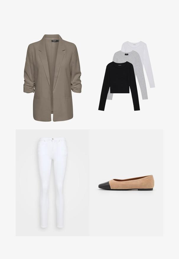 Bežs brīvā piegriezuma žakete, izgatavota no gludas auduma, ar sarullētām piedurknēm, divām sānu kabatām un ar iedziļinātu apkakles dizainu.; Trīs garām piedurknēm veidotas augšdaļas, sakrautās: melna, pelēka un balta. Katram ir noapaļots kakla izgriezums un īsa dizaina forma ar gludu, vieglu audumu.; Balti skinny džinsi, izgatavoti no denima, ar augstu jostasvietu, piecām kabatām, pogu aizdari un gludu, vienmērīgu tekstūru.; Beigā zamšādas balerīnas ar melnu ādas noapaļotu purngalu, zemu papēdi un gludu tekstūru, ar minimālu dūrienu un tīru dizainu.