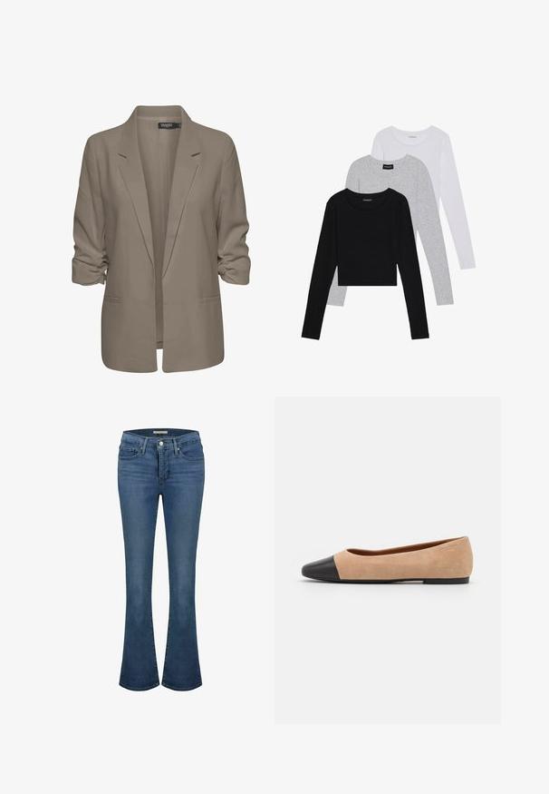 Beige lös passande blazer, tillverkad av mjukt tyg, har uppvikt ärmar, två sidofickor och en notch-lapel-design.; Tre långärmade tröjor staplade: svart, grå och vit. Var och en har en rund halsringning och en kort design med mjukt, lätt material.; Blå denim byxor med utsvängda ben och medelhög midja, har sömnadsdetaljer, två framfickor och en bakficka.; Beige mockasins med rund svart lädertå, låg klack och mjuk yta, med minimal sömnad och en ren design.