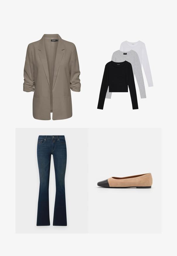 Beige løs blazer lavet af glat stof, har rullede ærmer, to sidelommer og en krave med hak.; Tre langærmede toppe stablet: sort, grå og hvid. Hver har en rund halsudskæring og et cropped design med glat, let stof.; Mørkeblå, flagrende jeans lavet af denim, med en talje med en frontknap, skrå lommer og diskret stikningsdetalje.; Beige ruskind balletflade med en sort læder rund tåkap, lav hæl og glat tekstur, der har minimal syning og et enkelt design.