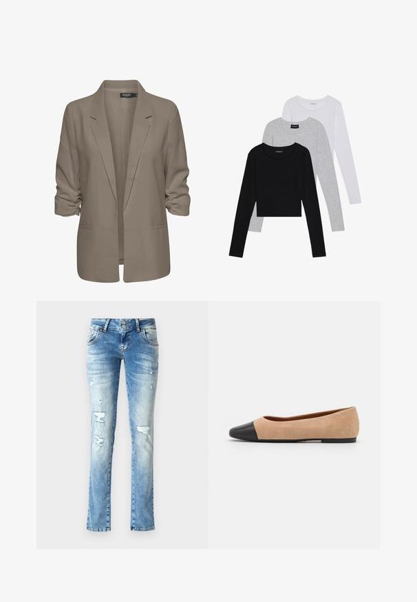 Beige löysä istuva bleiseri, joka on valmistettu sileästä kankaasta, sisältää käännetyt hihansuut, kaksi sivutaskua ja viiltoverhoillun kauluksen muotoilun.; Kolme pitkähihasta paita päällekkäin: musta, harmaa ja valkoinen. Jokaisessa on pyöreä pääntie ja lyhennetty muotoilu, jossa on sileä ja kevyt kangas.; Vaaleansiniset farkut, joissa on rento istuvuus. Farkuissa on kulutettuja yksityiskohtia, nappisuljenta kahdella napilla ja suorat lahkeet.; Beige mokkasiner i semsket skinn med svart lær ved tuppen, lav hæl og glatt tekstur, med minimal søm og et rent design.