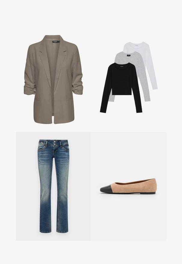 Bežs brīvā piegriezuma žakete, izgatavota no gludas auduma, ar sarullētām piedurknēm, divām sānu kabatām un ar iedziļinātu apkakles dizainu.; Trīs garām piedurknēm veidotas augšdaļas, sakrautās: melna, pelēka un balta. Katram ir noapaļots kakla izgriezums un īsa dizaina forma ar gludu, vieglu audumu.; Izbalējuši zils džinsi no denima ar taisna kāja dizainu, divu pogu jostasvietu un viegli nolietotu izskatu audumā.; Beigā zamšādas balerīnas ar melnu ādas noapaļotu purngalu, zemu papēdi un gludu tekstūru, ar minimālu dūrienu un tīru dizainu.