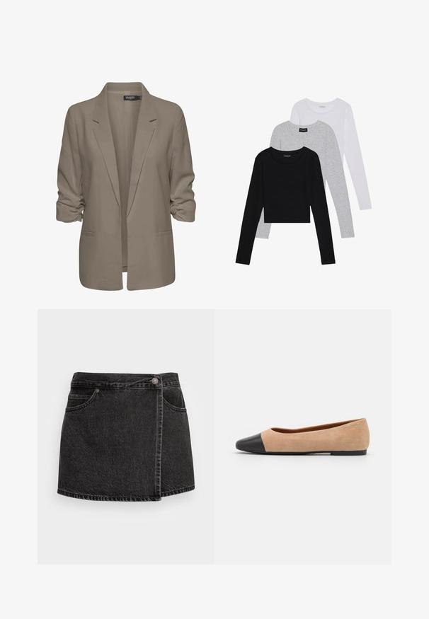 Blazer beige de corte holgado, hecho de tela suave, presenta mangas enrolladas, dos bolsillos laterales y un diseño de solapa muesca.; Tres camisetas de manga larga apiladas: negra, gris y blanca. Cada una tiene un escote redondo y un diseño recortado con una tela suave y ligera.; Falda mini de mezclilla negra con un dobladillo ligeramente deshilachado, dos bolsillos frontales y cierre de botón plateado. Presenta un diseño envolvente lateral.; Bailarina de ante beige con una puntera redondeada de cuero negro, tacón bajo y textura suave, que presenta costuras mínimas y un diseño limpio.