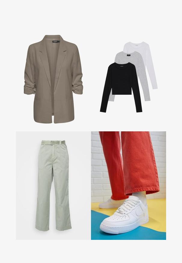 Beige, losse blazer van een gladde stof, met opgerolde mouwen, twee zijzakken en een geknipt revers ontwerp.; Drie langmouwige tops gestapeld: zwart, grijs en wit. Elke top heeft een ronde halslijn en een cropped ontwerp van soepel, lichtgewicht materiaal.; Lichtgroene, wijde broek van katoen met een riem in de taille, voorzakken en gestikte details langs de naden en zoom.; Witte leren sneaker met geperforeerde teenbox, gestructureerde zool en witte veters, gecombineerd met wijde rode broeken en een blauw-geel achtergrond.