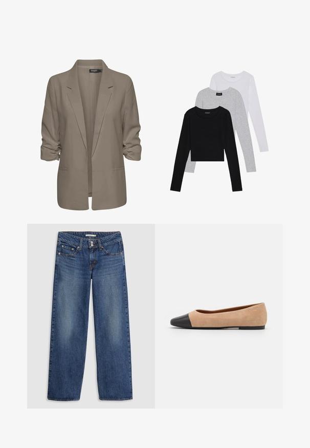 Smėlinis laisvas blazeris, pagamintas iš lygios medžiagos, turi suktus rankovės, dvi šonines kišenes ir įpjautą apykaklę.; Trijų ilgomis rankovėmis marškinėlių krūva: juodas, pilkas ir baltas. Kiekvienas turi apvalų iškirpimą ir trumpą dizainą, pagamintas iš lygaus, lengvo audinio.; Mėlyni džinsai su plataus kojų kirpimu, užsegami mygtuku, su penkiomis kišenėmis, lengvai išblukusiomis vietomis ant šlaunų ir siuvinėjimo akcentais siūlėse.; Šviesiai rudas zomšiniai baleto bateliai su juodu odiniu suapvalintu pirštu, maža pakulne ir lygia tekstūra, su minimaliai siūlėmis ir tvarkingu dizainu.