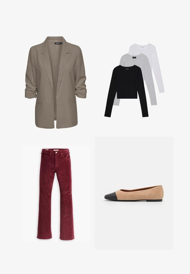 Blazer bej, cu croi lejer, fabrică netedă, are mâneci suflate, două buzunare laterale și un design cu rever zimțat.; Trei bluze cu mânecă lungă așezate: neagră, gri și albă. Fiecare are un guler rotund și un design scurt, realizat dintr-un material fin și ușor.; Levi's® 726 FLARE - Blugi evazați - windsor wine; Baletă din suede bej cu vârf rotund din piele neagră, toc jos și textură netedă, având cusături minime și un design curat.