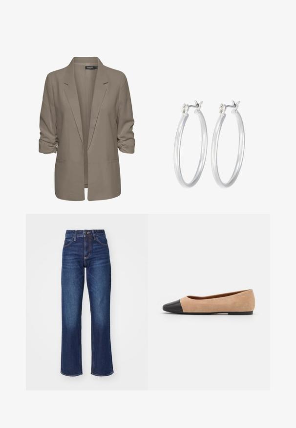 Blazer beige de corte holgado, hecho de tela suave, presenta mangas enrolladas, dos bolsillos laterales y un diseño de solapa muesca.; Tres camisetas de manga larga apiladas: negra, gris y blanca. Cada una tiene un escote redondo y un diseño recortado con una tela suave y ligera.; Jeans de mezclilla azul oscuro con cintura alta, corte de pierna ancha, sutil desgastado y costuras en contraste. Cierre con botón de metal y cremallera.; Bailarina de ante beige con una puntera redondeada de cuero negro, tacón bajo y textura suave, que presenta costuras mínimas y un diseño limpio.; Pendientes de aro de plata con un acabado liso y pulido. Forma redonda y cierre de click seguro. Diseño ligero adecuado para el uso diario.