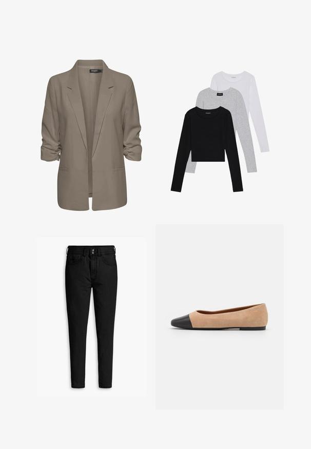Blazer beige dal taglio morbido, realizzato in tessuto liscio, con maniche arrotolate, due tasche laterali e design con revers a punta.; Tre magliette a maniche lunghe impilate: nera, grigia e bianca. Ognuna ha un colletto rotondo e un design accorciato con tessuto morbido e leggero.; Jeans in denim nero con una vestibilità slim, dotati di due tasche frontali, una vita con bottone e una texture liscia. Design classico senza decorazioni.; Ballerine in suede beige con punta tonda in pelle nera, tacco basso e texture liscia, caratterizzate da cuciture minime e un design pulito.