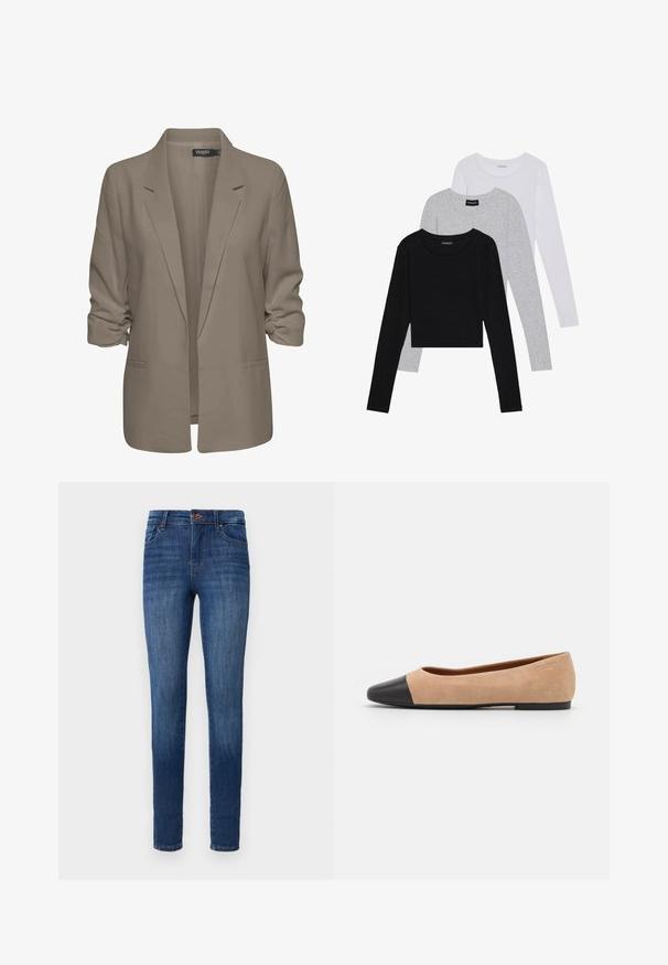 Bež srajcni blazer, ohlapen kroj, izdelan iz gladkega materiala, z zavitimi rokavi, dvema stranskima žepoma in zareznim ovratnikom.; Tri dolga rokava zložena: črna, siva in bela. Vsaka ima okroglo izreznico in skrajšan dizajn z gladkim, lahkotnim materialom.; Slim-fit modri kavbojki z klasičnim petim žepom in zapiranjem na gumb, prikazanimi na beli podlagi.; Bež suedska baletna obutev s črnim usnjenim okroglim delom na prstih, nizko peto in gladko teksturo, ki se ponaša z minimalnimi šivi in čistim dizajnom.