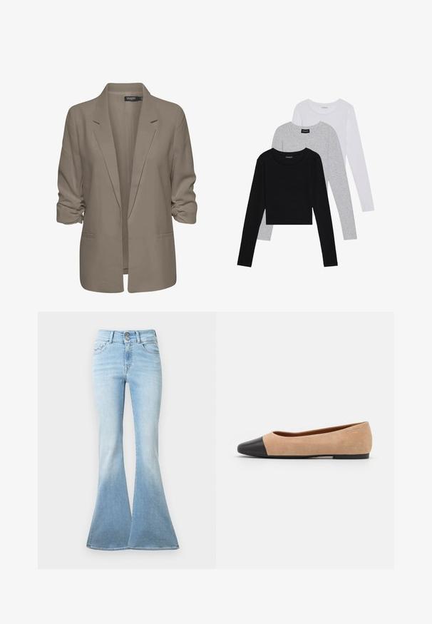 Blazer beige ample, fabriqué en tissu lisse, présente des manches retroussées, deux poches latérales et un design à revers.; Trois hauts à manches longues empilés : noir, gris et blanc. Chacun a un col rond et un design court avec un tissu lisse et léger.; Jean évasé bleu clair en denim. Caractéristiques : taille haute avec deux boutons et léger délavage vers l'ourlet. Design classique à cinq poches.; Ballet flat en suédine beige avec un embout rond en cuir noir, petit talon et texture lisse, présentant des coutures minimales et un design épuré.