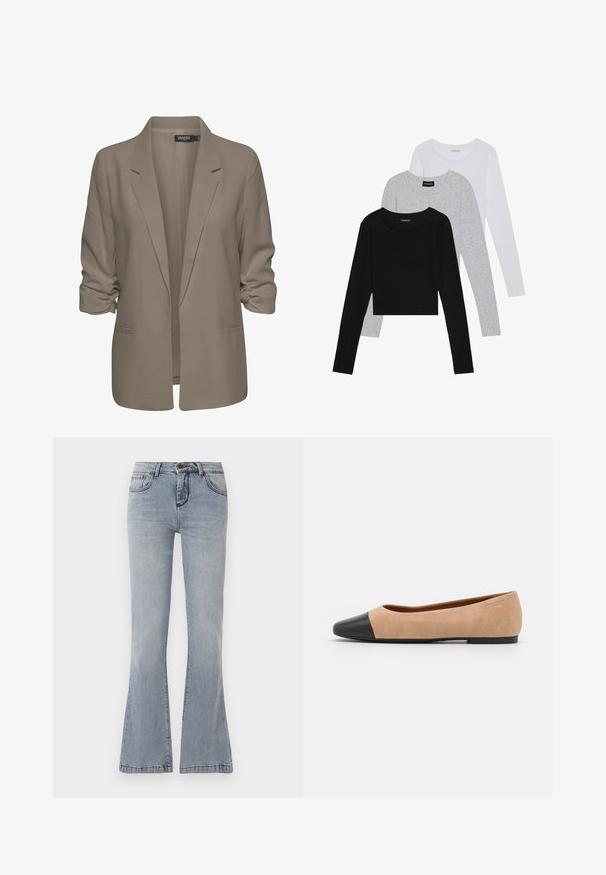 Bež srajcni blazer, ohlapen kroj, izdelan iz gladkega materiala, z zavitimi rokavi, dvema stranskima žepoma in zareznim ovratnikom.; Tri dolga rokava zložena: črna, siva in bela. Vsaka ima okroglo izreznico in skrajšan dizajn z gladkim, lahkotnim materialom.; Svijetloplave traperice s lepršavim krojem, prednjim dugmetom i zatvaranjem na zip, te klasičnim dizajnom s pet džepova.; Bež suedska baletna obutev s črnim usnjenim okroglim delom na prstih, nizko peto in gladko teksturo, ki se ponaša z minimalnimi šivi in čistim dizajnom.