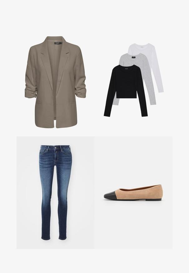 Bézs színű, laza szabású blézer, sima anyagból készült, felgÖngyölt ujjakkal, két oldalsó zsebbel és cakkos rever kialakítással.; Három hosszú ujjú póló egymásra rakva: fekete, szürke és fehér. Mindegyiknek kerek nyaka van, és rövidített fazonnal rendelkezik, sima, könnyű anyagból készült.; Sötétkék, kifakult mosású skinny farmernadrág, öt zsebbel, fém gombbal és cipzáras záródással.; Beige velúr balettcipő fekete bőr kerek orral, alacsony sarokkal és sima textúrával, minimális varrással és letisztult dizájnnal.