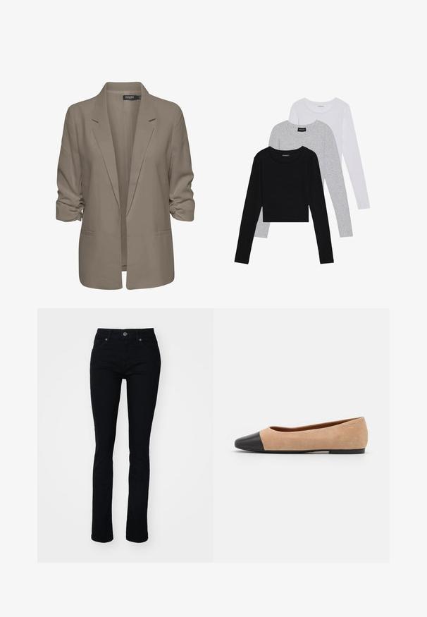 Bež jakna slobodnog kroja, izrađena od glatkog materijala, ima podvrnute rukave, dva bočna džepa i dizajn s izrezanim reverom.; Tri dugih rukava posložena: crna, siva i bijela. Svaka ima okrugli izrez i skrateni kroj s glatkom, laganom tkaninom.; Crne traperice s uskim krojem, pet džepova, zatvaračem i kopčanjem na gumb. Glatka tekstura i blagi elastični materijal za udobnost.; Bež balerinke od suede materijala s crnim kožnim zaobljenim vrhom, niskom potpeticom i glatkom površinom, s minimalnim šavovima i čistim dizajnom.