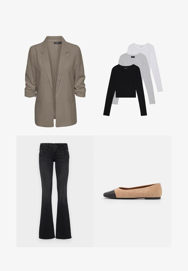 Smėlinis laisvas blazeris, pagamintas iš lygios medžiagos, turi suktus rankovės, dvi šonines kišenes ir įpjautą apykaklę.; Trijų ilgomis rankovėmis marškinėlių krūva: juodas, pilkas ir baltas. Kiekvienas turi apvalų iškirpimą ir trumpą dizainą, pagamintas iš lygaus, lengvo audinio.; Juodi džinsai su lengvu nusidėvėjimu, priekinėmis ir galinėmis kišenėmis, mygtukų uždarymu bei platėjančiomis kojomis.; Šviesiai rudas zomšiniai baleto bateliai su juodu odiniu suapvalintu pirštu, maža pakulne ir lygia tekstūra, su minimaliai siūlėmis ir tvarkingu dizainu.