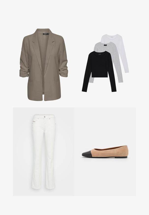 Bež srajcni blazer, ohlapen kroj, izdelan iz gladkega materiala, z zavitimi rokavi, dvema stranskima žepoma in zareznim ovratnikom.; Tri dolga rokava zložena: črna, siva in bela. Vsaka ima okroglo izreznico in skrajšan dizajn z gladkim, lahkotnim materialom.; Beli flare jeans iz denima, ki vključujejo pet žepov, zapiranje s gumbom in subtilno šivanje na pasu ter žepu.; Bež suedska baletna obutev s črnim usnjenim okroglim delom na prstih, nizko peto in gladko teksturo, ki se ponaša z minimalnimi šivi in čistim dizajnom.