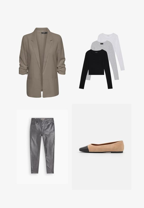 Bežs brīvā piegriezuma žakete, izgatavota no gludas auduma, ar sarullētām piedurknēm, divām sānu kabatām un ar iedziļinātu apkakles dizainu.; Trīs garām piedurknēm veidotas augšdaļas, sakrautās: melna, pelēka un balta. Katram ir noapaļots kakla izgriezums un īsa dizaina forma ar gludu, vieglu audumu.; Metāliski pelēki džinsi ar šauru piegriezumu, piecu kabatu dizainu un vieglu spīdumu. Izgatavoti no džinsu auduma līdzīga materiāla, ar pogu un rāvējslēdzēju aizdari.; Beigā zamšādas balerīnas ar melnu ādas noapaļotu purngalu, zemu papēdi un gludu tekstūru, ar minimālu dūrienu un tīru dizainu.