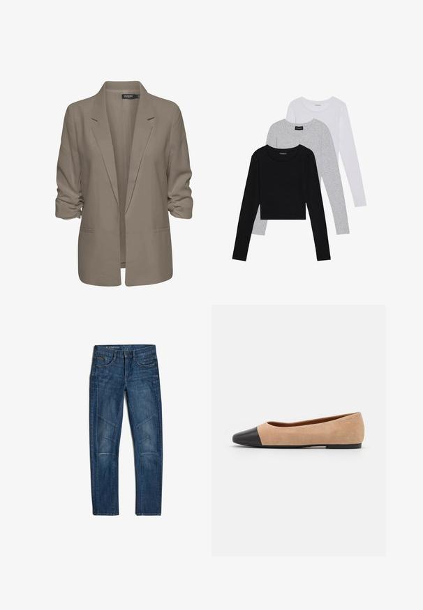 Blazer beige de corte holgado, hecho de tela suave, presenta mangas enrolladas, dos bolsillos laterales y un diseño de solapa muesca.; Tres camisetas de manga larga apiladas: negra, gris y blanca. Cada una tiene un escote redondo y un diseño recortado con una tela suave y ligera.; Jeans de motorista de mezclilla en azul oscuro. Las características incluyen múltiples paneles cosidos, bolsillos clásicos y un corte recto con un ligero desgaste.; Bailarina de ante beige con una puntera redondeada de cuero negro, tacón bajo y textura suave, que presenta costuras mínimas y un diseño limpio.