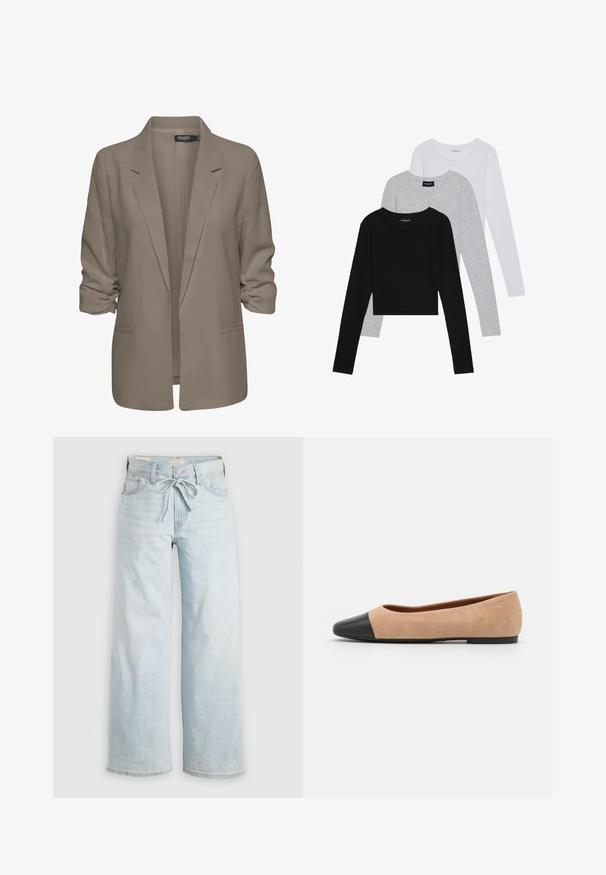 Bež jakna slobodnog kroja, izrađena od glatkog materijala, ima podvrnute rukave, dva bočna džepa i dizajn s izrezanim reverom.; Tri dugih rukava posložena: crna, siva i bijela. Svaka ima okrugli izrez i skrateni kroj s glatkom, laganom tkaninom.; Svijetloplave široke traperice s vezanjem sprijeda, klasičnim dizajnom s pet džepova i suptilnim izbljeđenjem na nogavicama. Materijal od trapera.; Bež balerinke od suede materijala s crnim kožnim zaobljenim vrhom, niskom potpeticom i glatkom površinom, s minimalnim šavovima i čistim dizajnom.