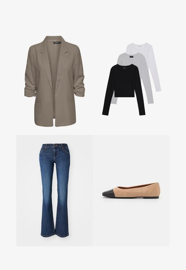 Beige, lockere Blazer aus glattem Stoff, mit umgeschlagenen Ärmeln, zwei seitlichen Taschen und einemreversierten Kragen.; Drei langärmelige Oberteile gestapelt: schwarz, grau und weiß. Jedes hat einen runden Halsausschnitt und ein kurzes Design aus glattem, leichtem Stoff.; Schmal zulaufende Jeans aus Denim in mittlerem Blau, mit glatter Textur, mittelhohem Bund und traditionellem Fünf-Taschen-Design mit metallischen Akzenten.; Beige Wildleder Ballerina mit einer runden Zehenkappe aus schwarzem Leder, niedrigem Absatz und glatter Textur, mit minimaler Nahtverarbeitung und klarem Design.