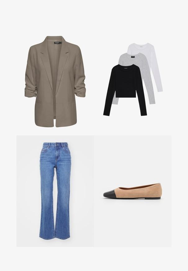 Smėlinis laisvas blazeris, pagamintas iš lygios medžiagos, turi suktus rankovės, dvi šonines kišenes ir įpjautą apykaklę.; Trijų ilgomis rankovėmis marškinėlių krūva: juodas, pilkas ir baltas. Kiekvienas turi apvalų iškirpimą ir trumpą dizainą, pagamintas iš lygaus, lengvo audinio.; Aukštai liemeni mėlyno džinsinio audinio kelnės su plačiomis kojomis, su užtrauktuku, penkiais kišenėmis ir išblukusiu tekstūros efektu, suteikiančiu kasdienį stilių.; Šviesiai rudas zomšiniai baleto bateliai su juodu odiniu suapvalintu pirštu, maža pakulne ir lygia tekstūra, su minimaliai siūlėmis ir tvarkingu dizainu.