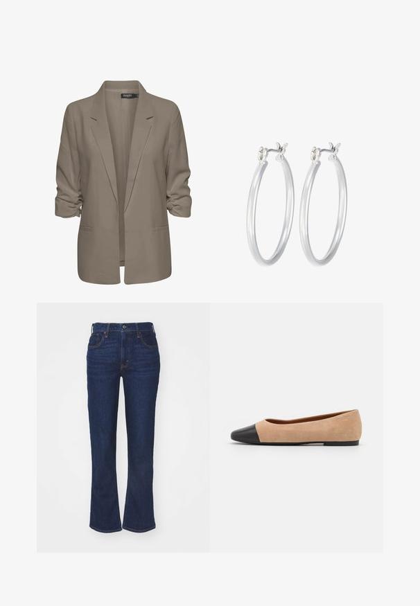 Beige loose-fitting blazer, made of smooth fabric, features rolled sleeves, two side pockets, and a notched lapel design.; Three long-sleeve tops stacked: black, grey, and white. Each has a round neckline and a cropped design with smooth, lightweight fabric.; Dark blue denim flared jeans with a high waist, five-pocket design, contrasting stitching, and a button closure. Smooth texture.; Beige suede ballet flat with a black leather rounded toe cap, low heel, and smooth texture, featuring minimal stitching and a clean design.; Silver hoop earrings with a smooth, polished finish. Round shape and secure click-top closure. Lightweight design suitable for everyday wear.