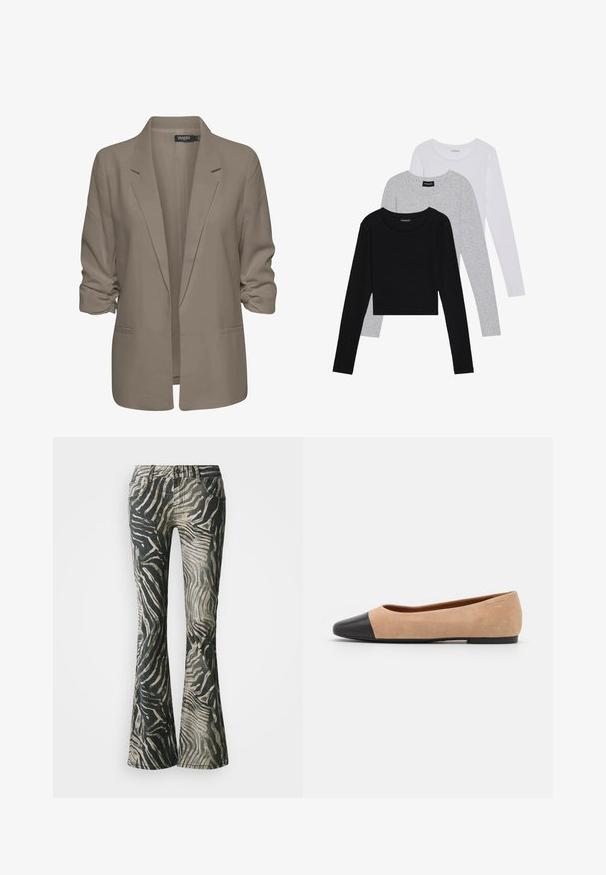 Beige volný blejzr, vyrobený z hladké tkaniny, má ohrnuté rukávy, dvě boční kapsy a klopový design.; Tři trička s dlouhým rukávem naskládaná na sobě: černé, šedé a bílé. Každé má kulatý výstřih a kratší střih z hladkého, lehkého materiálu.; Rozšířené džíny v černobílém zebrovaném vzoru, vyrobené z denimu, s designem pěti kapes a viditelnými švy.; Béžové semišové baleríny s černou koženou kulatou špičkou, nízkým podpatkem a hladkým povrchem, s minimálním prošíváním a čistým designem.