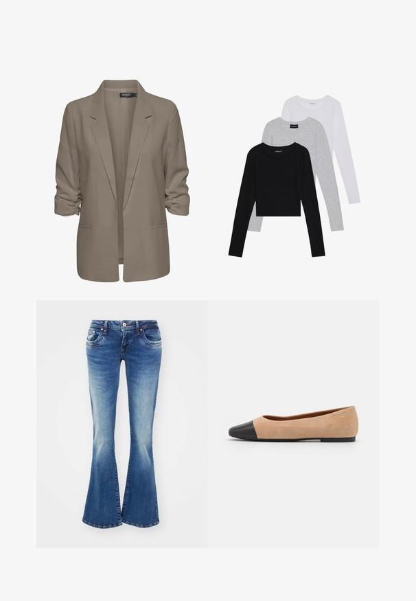 Blazer bej, cu croi lejer, fabrică netedă, are mâneci suflate, două buzunare laterale și un design cu rever zimțat.; Trei bluze cu mânecă lungă așezate: neagră, gri și albă. Fiecare are un guler rotund și un design scurt, realizat dintr-un material fin și ușor.; Blugi evazați din denim albastru, cu talie medie, două buzunare frontale și decolorare ușoară pentru un aspect texturat.; Baletă din suede bej cu vârf rotund din piele neagră, toc jos și textură netedă, având cusături minime și un design curat.