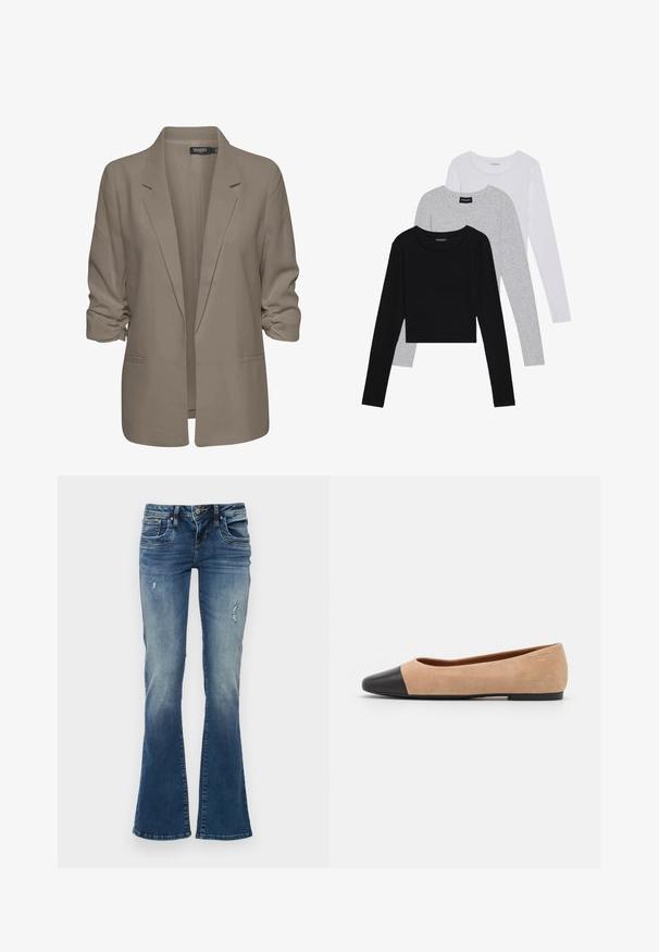 Bézs színű, laza szabású blézer, sima anyagból készült, felgÖngyölt ujjakkal, két oldalsó zsebbel és cakkos rever kialakítással.; Három hosszú ujjú póló egymásra rakva: fekete, szürke és fehér. Mindegyiknek kerek nyaka van, és rövidített fazonnal rendelkezik, sima, könnyű anyagból készült.; Középkék farmer harangnadrág, kopott területekkel és megviselt részletekkel. Öt zsebbel és cipzáros, gombos záródással rendelkezik.; Beige velúr balettcipő fekete bőr kerek orral, alacsony sarokkal és sima textúrával, minimális varrással és letisztult dizájnnal.