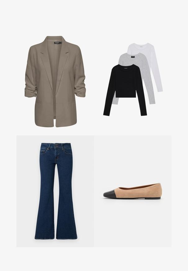 Beige, lockere Blazer aus glattem Stoff, mit umgeschlagenen Ärmeln, zwei seitlichen Taschen und einemreversierten Kragen.; Drei langärmelige Oberteile gestapelt: schwarz, grau und weiß. Jedes hat einen runden Halsausschnitt und ein kurzes Design aus glattem, leichtem Stoff.; Dunkelblaue ausgestellt geschnittene Jeans aus Denim, mit einem Reißverschluss und doppeltem Knopfverschluss, Vorderentaschen und gestickten Details an den Seiten.; Beige Wildleder Ballerina mit einer runden Zehenkappe aus schwarzem Leder, niedrigem Absatz und glatter Textur, mit minimaler Nahtverarbeitung und klarem Design.